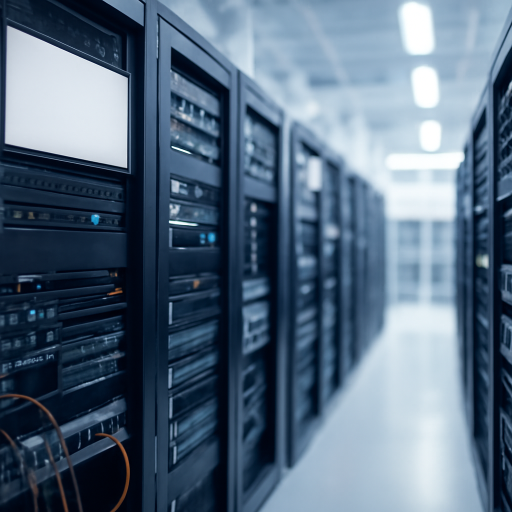 Rows of equipment racks and networking gear in a brightly-lit server room.