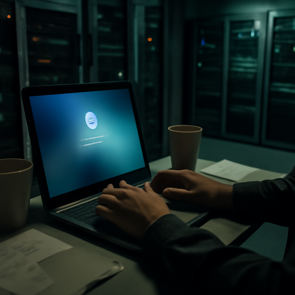 Dimly lit server room with a single bright laptop screen displaying a login interface.
