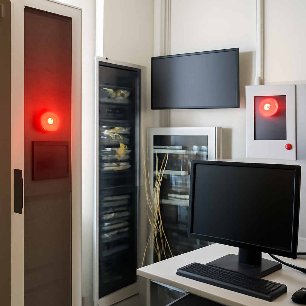 Network operations room with computer servers and equipment showing signs of affected infrastructure.