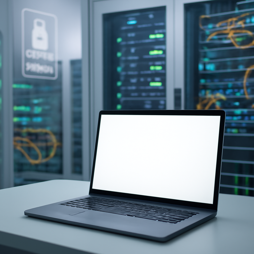 Secure facility with a computer terminal on a desk and blurred server racks in the background.