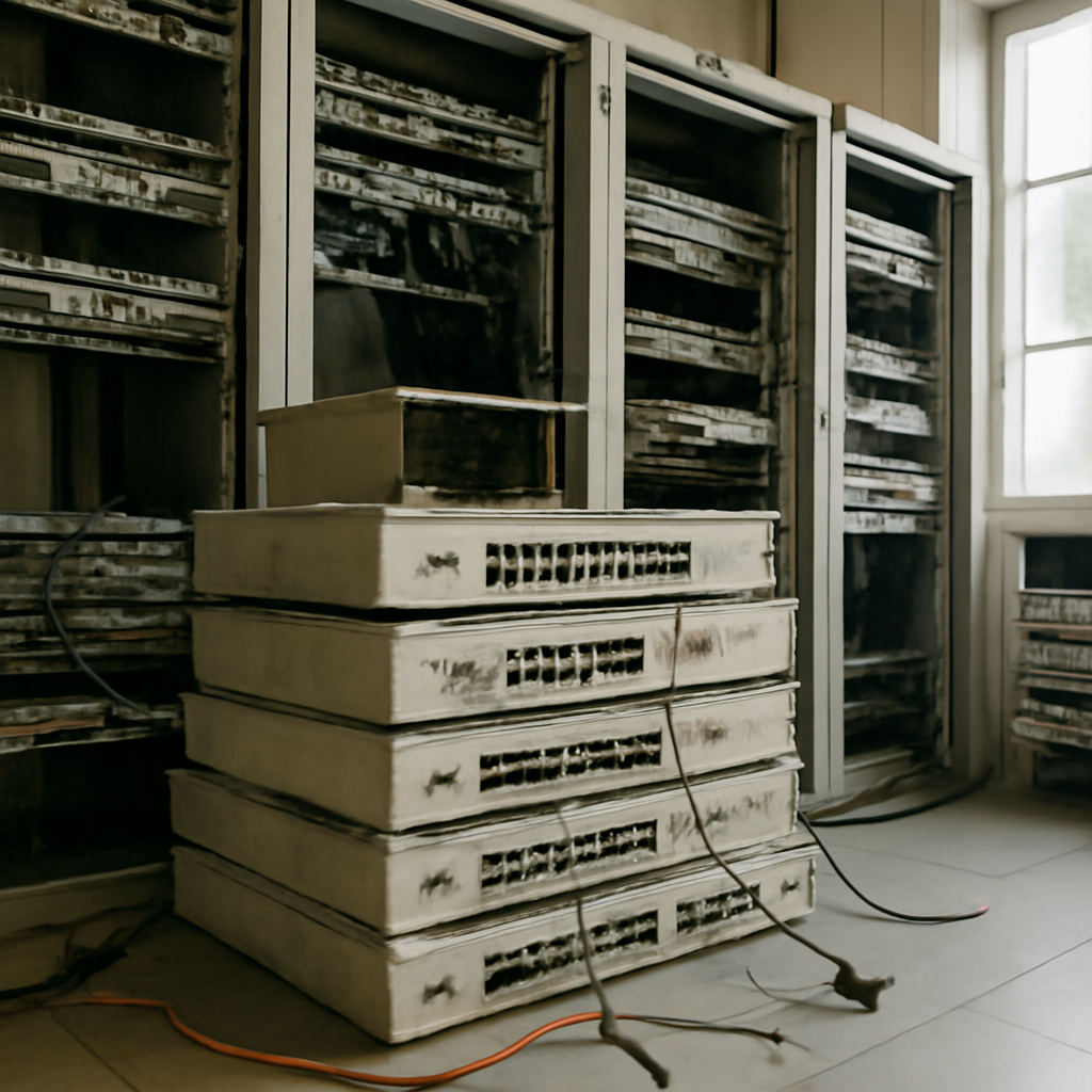 Telecommunications equipment room with damaged networking gear and servers, featuring a central FortiManager appliance and…