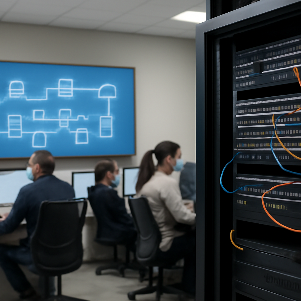 Technicians work in a network operations center with a large screen displaying a system diagram and server equipment in the…