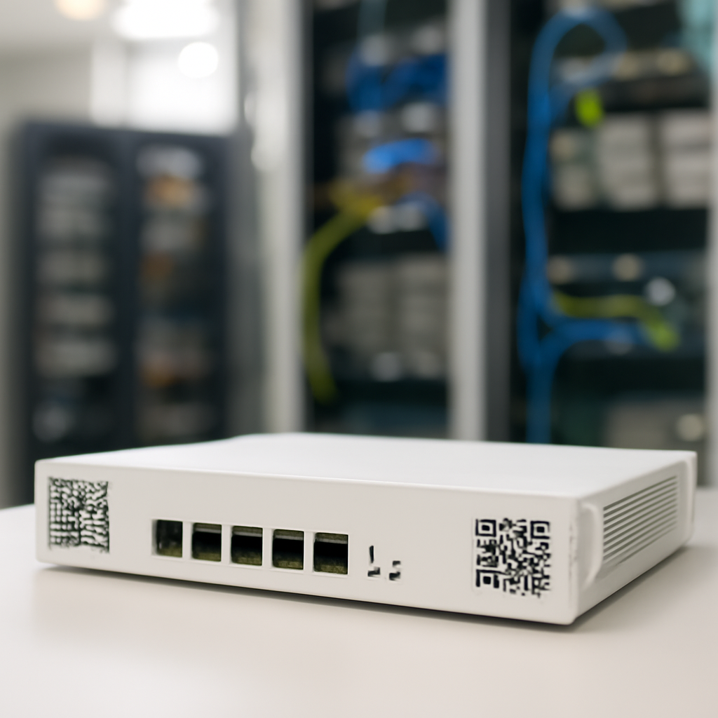Blurred server room background with a prominent, illuminated network switch or router in sharp focus in the foreground.