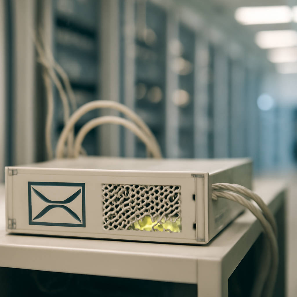 Rack-mounted network device with blinking lights in a data center setting.