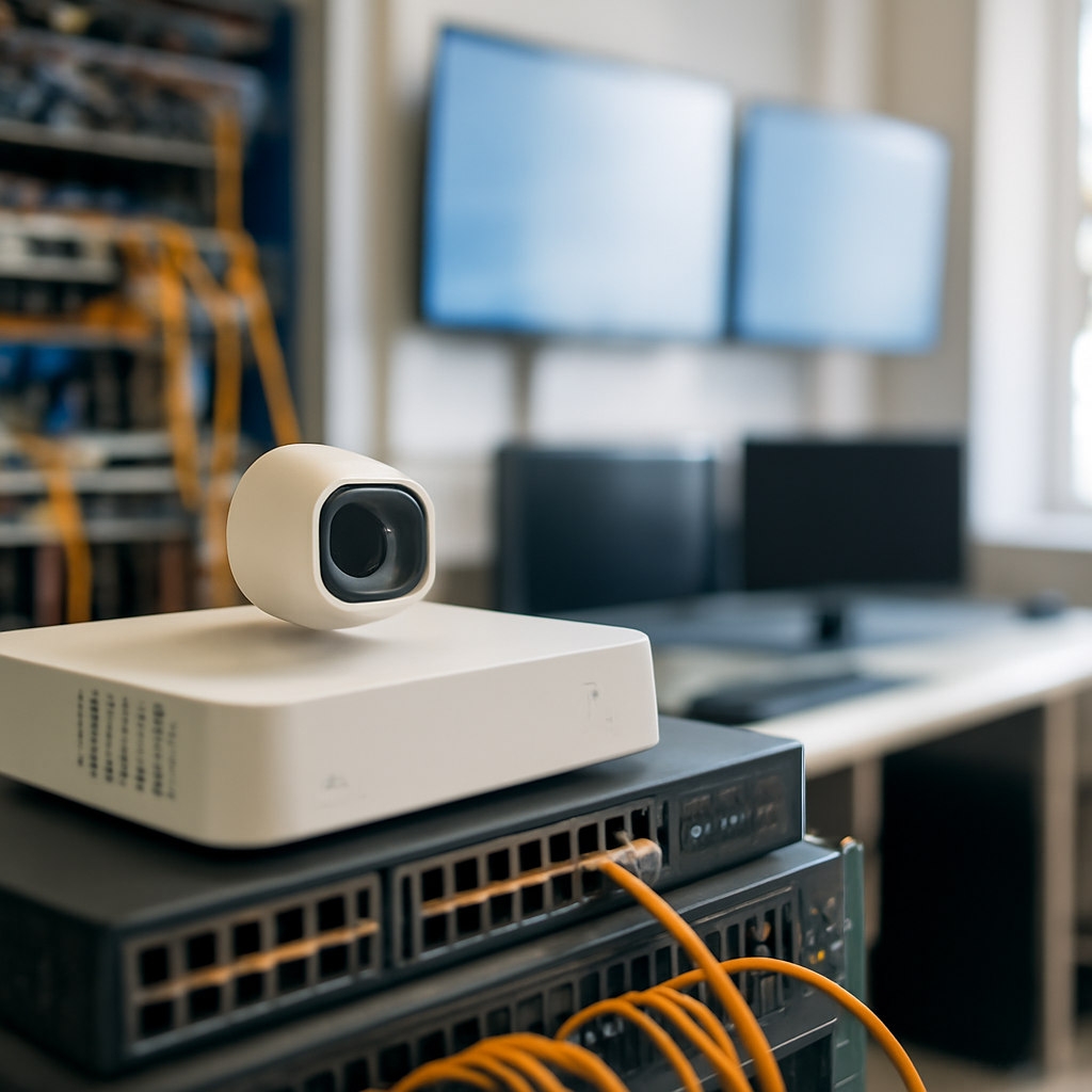 Security device on a rack surrounded by networking equipment in a well-lit IT room.