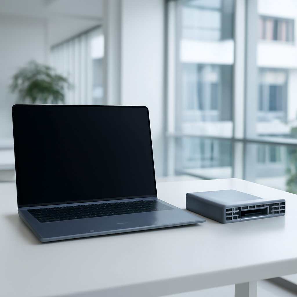 Laptop screen on a neutral surface in a bright, clean tech facility setting.