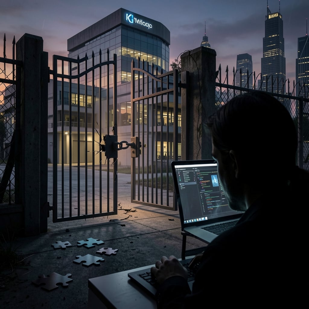 A broken gate lies open in front of a fortified tech company headquarters at dusk, symbolizing security vulnerabilities.