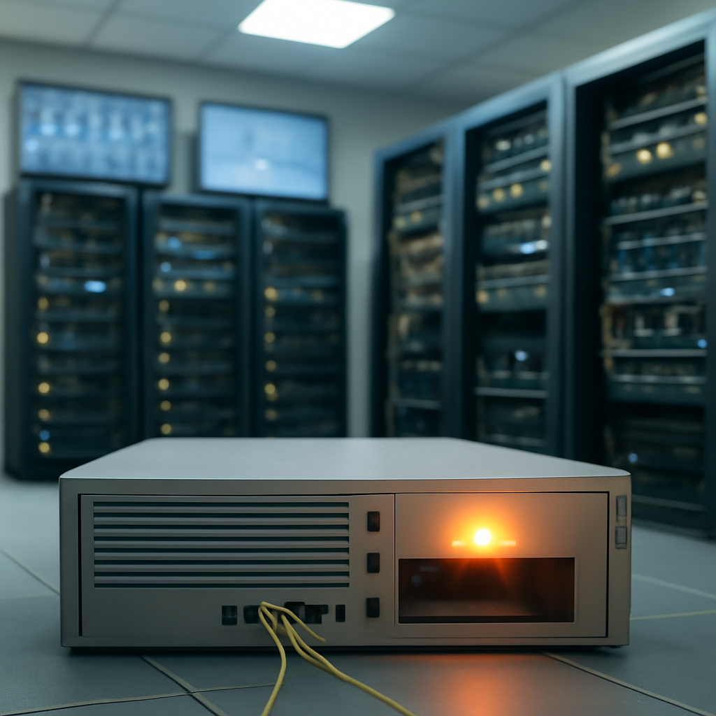 Network equipment racks with a single server in the foreground showing a subtle warning light.