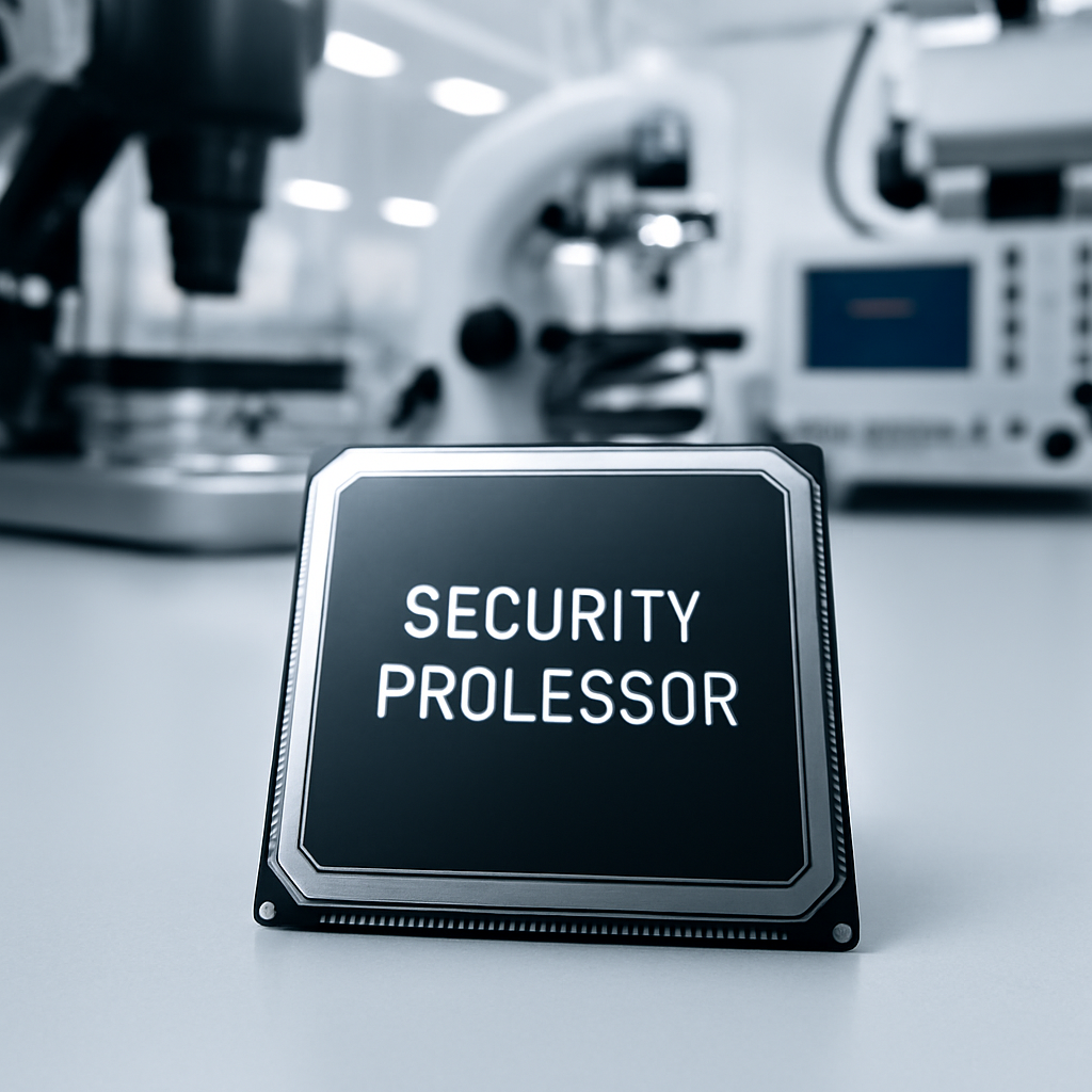 Futuristic security processor on a neutral surface in a clean-room setting with out-of-focus semiconductor equipment in the…