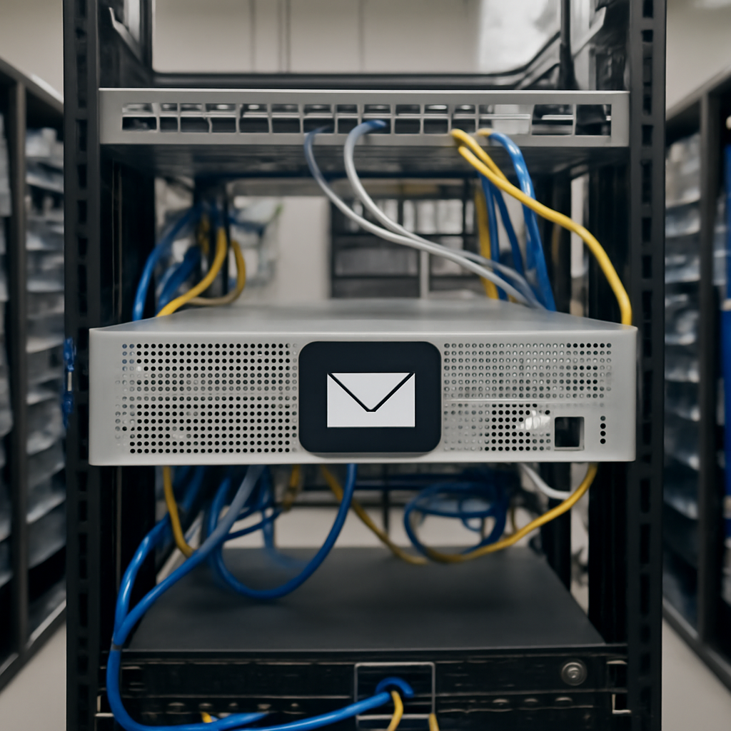 Rack-mounted email server appliance surrounded by cables and networking equipment in a brightly-lit server room.