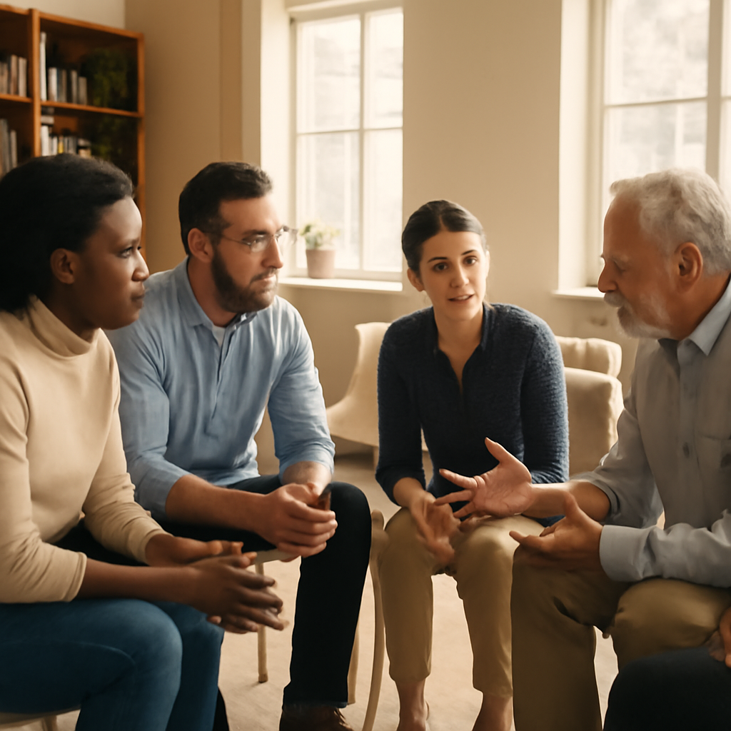 Diverse group of people engaged in discussion in a calm, neutral setting.