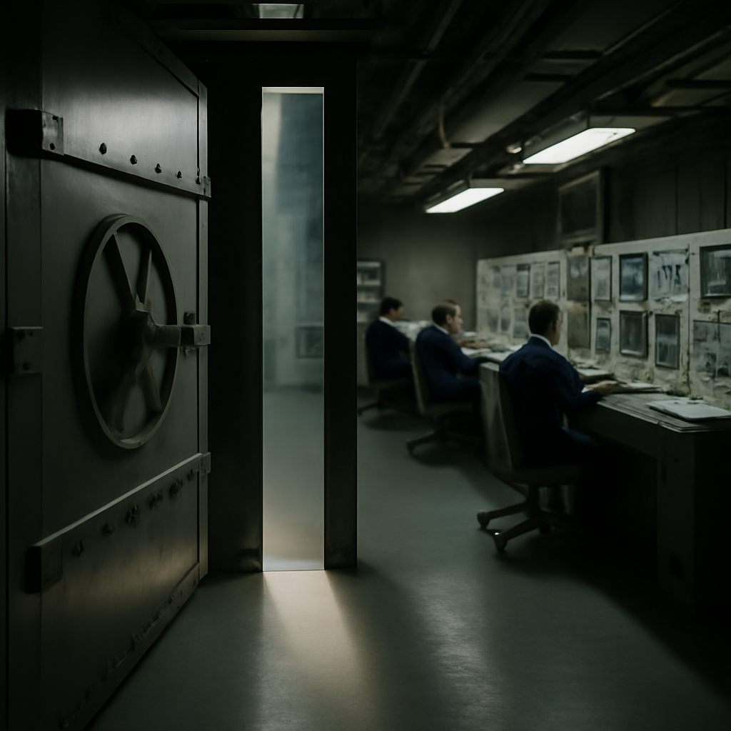 Underground launch control center interior with consoles and blast door ajar.