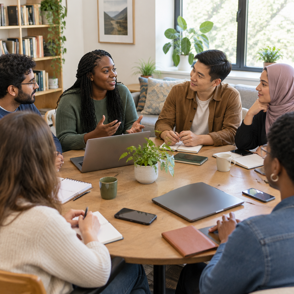 Diverse group of people engaged in respectful conversation in a cozy, well-lit room.