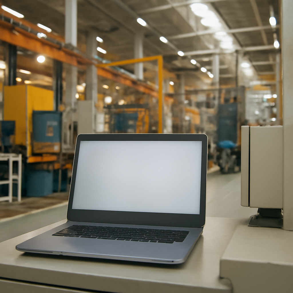 Factory floor with machinery and a laptop or control panel in the foreground.