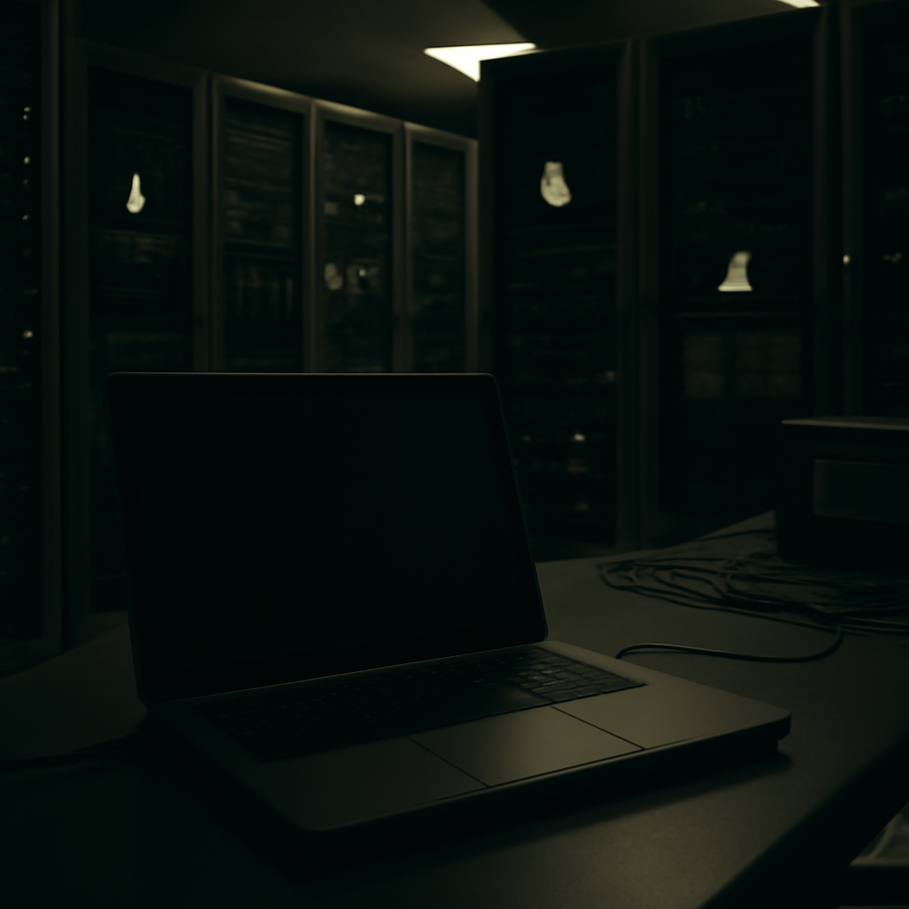Dimly lit server room with rows of computer servers and a single unoccupied workstation.