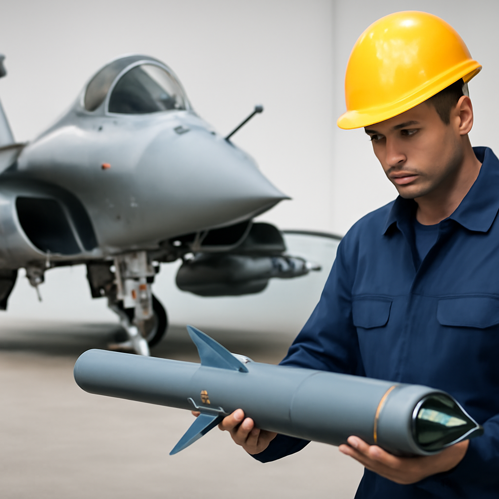 Technician inspects 68mm laser-guided rocket near a Rafale fighter jet in a hangar.