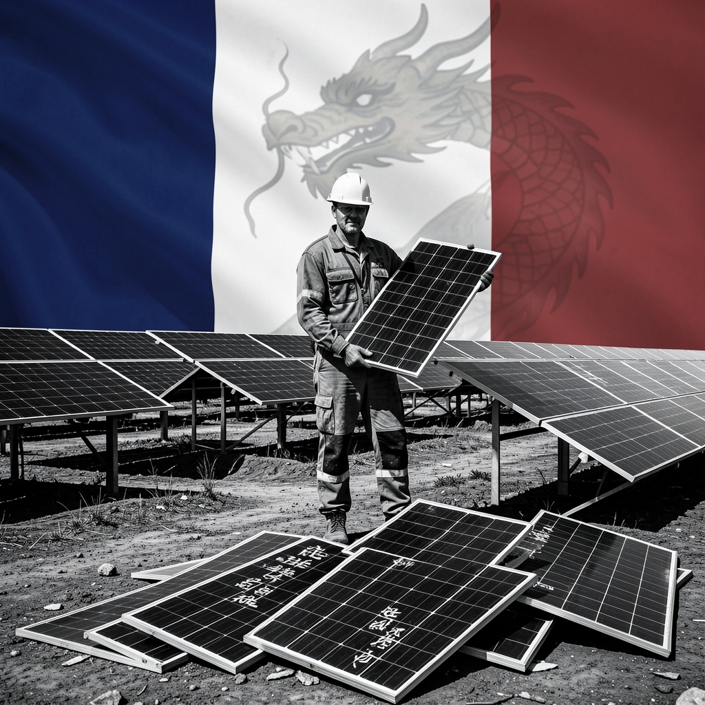 French worker in protective suit holds solar panel at partially constructed solar farm with rows of gleaming panels.