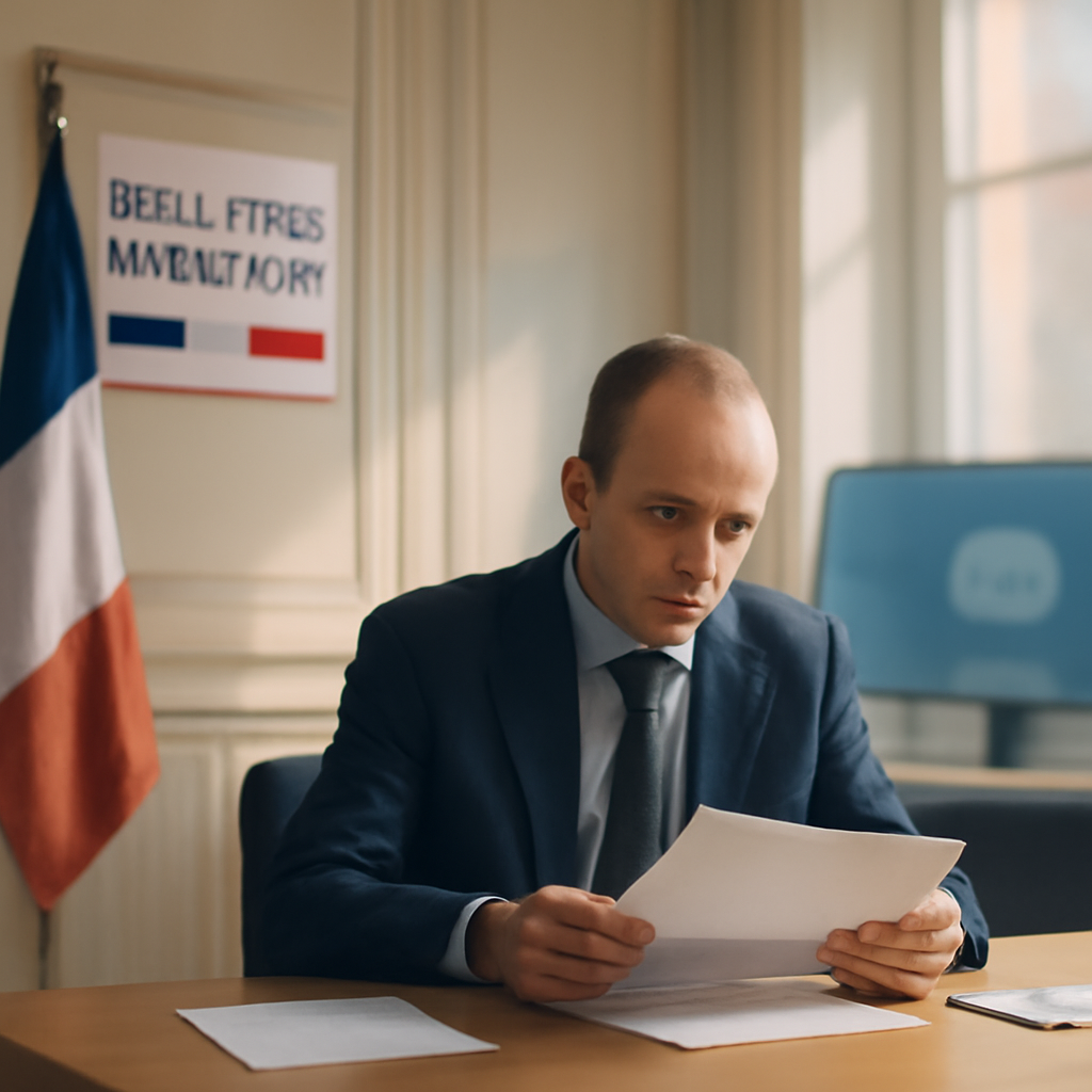 Somber figure stands in brightly-lit French government building interior with subtle digital interface hint.