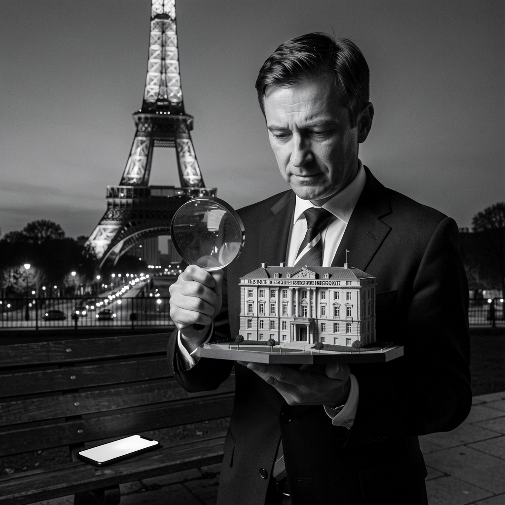 Jérôme Léonnet, a suited man, stands before the Eiffel Tower, holding a magnifying glass to a miniature model of the French…