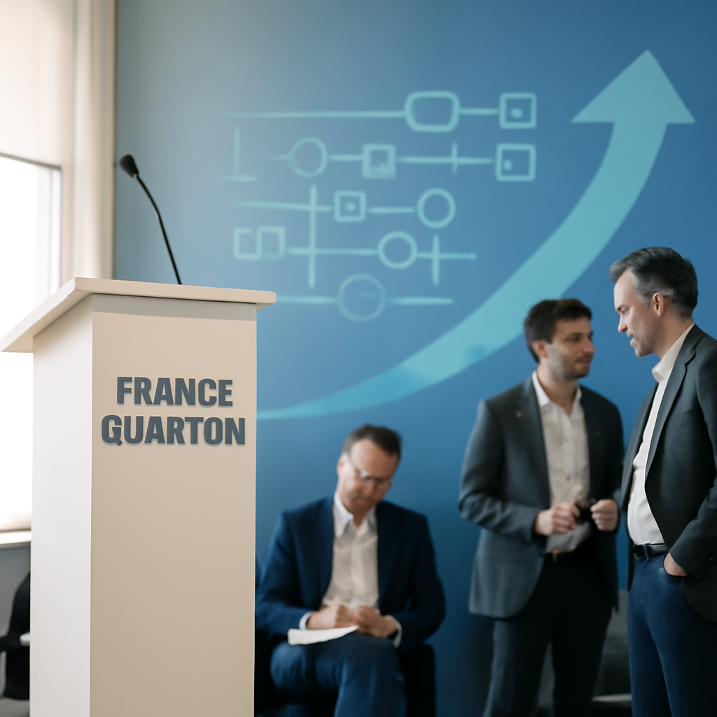 Formal conference setting with podium and abstract cryptography background.