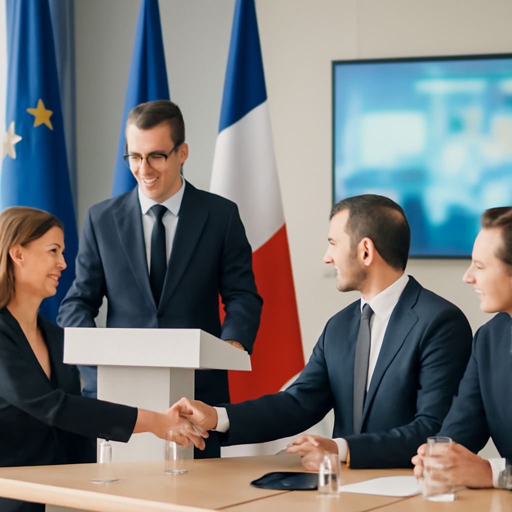 Officials in business attire meet at a formal conference table with subtle European and French national elements in the…