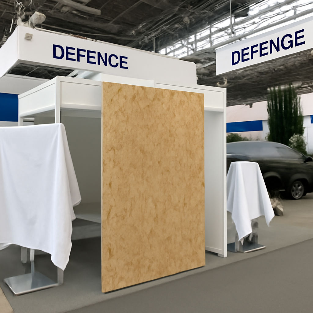 Partially boarded-up exhibition booth at a defense trade show with covered display panels and generic equipment in the…