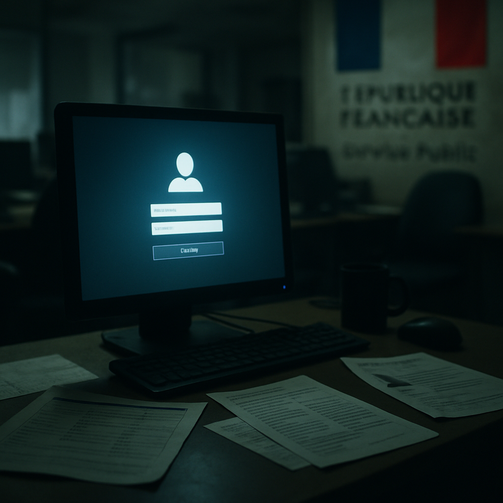 Dimly lit workstation with computer, papers, and blurred French government office background.