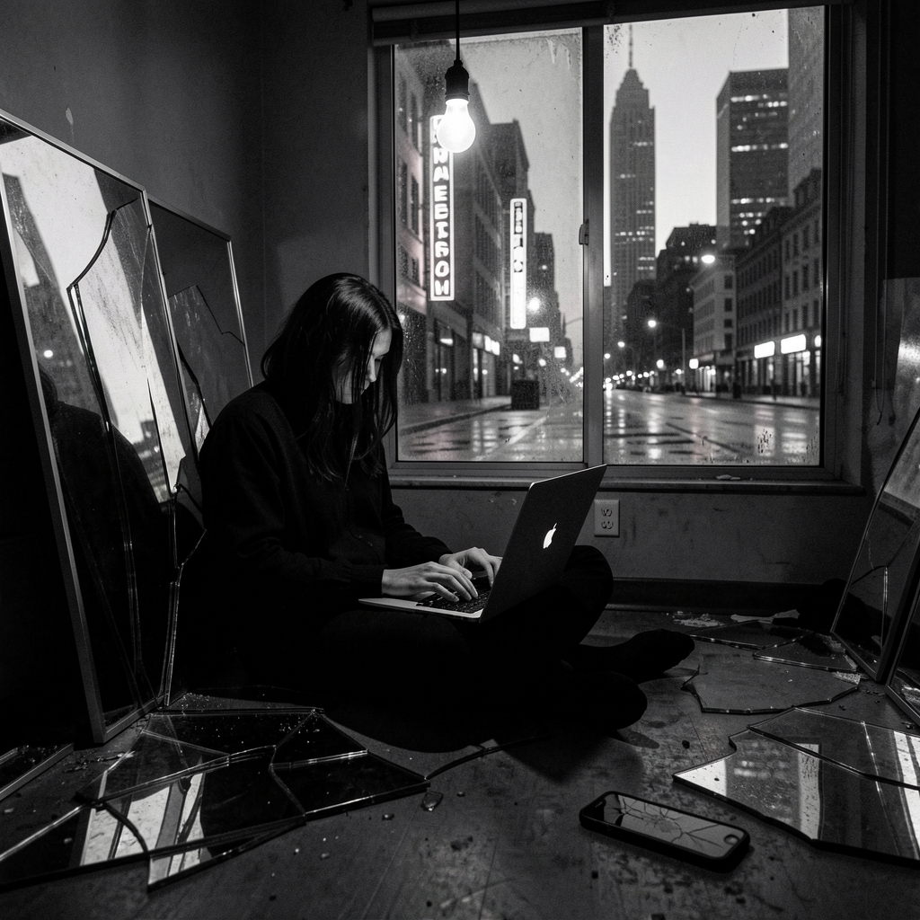 Person in dimly lit room with shattered mirrors and broken glass types on laptop.