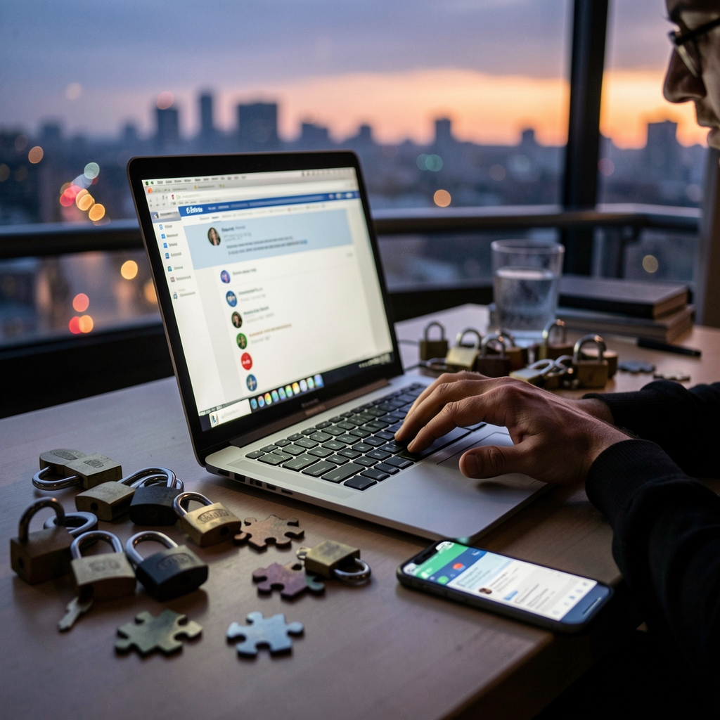 Person sits at desk with laptop, locks, and puzzle pieces, cityscape background, and smartphone with notification.