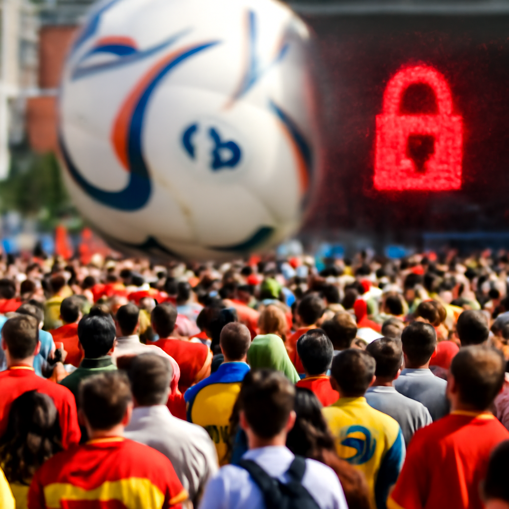 Crowded stadium exterior at night with subtle shadows hinting at online threats.