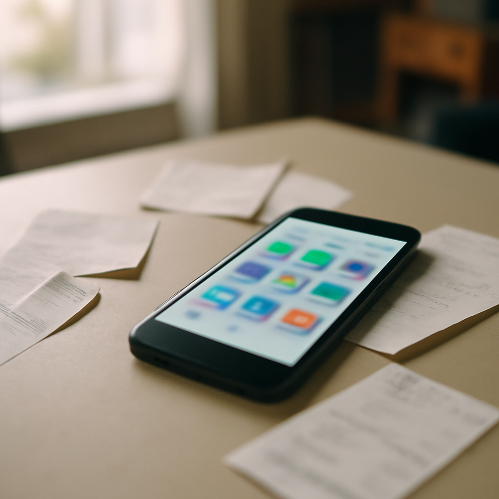 Smartphone with blurred Google Play Store page on screen, surrounded by receipts on a neutral surface in a bright, everyday…