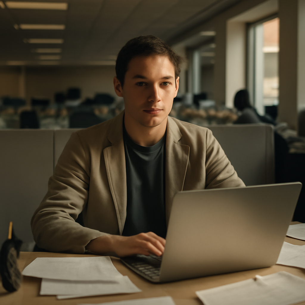 Person sits at corporate office desk with laptop, papers, and office supplies near a window.