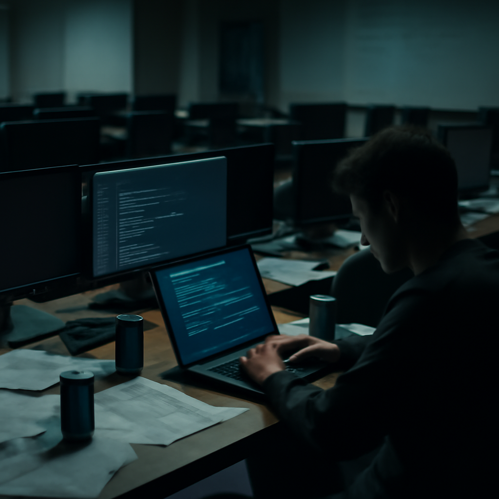 A researcher sits at a cluttered computer workstation in a dimly lit university lab, focused on a laptop screen.