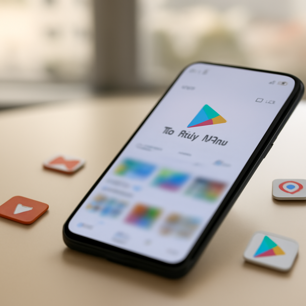 Smartphone on a neutral surface with Google Play Store open, surrounded by app icons and a blurred cityscape or home office…