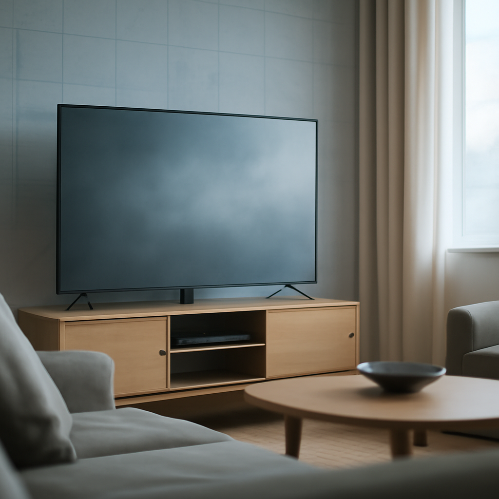 Smart TV on a media console in a living room with subtle hints of a vast network connection in the background.