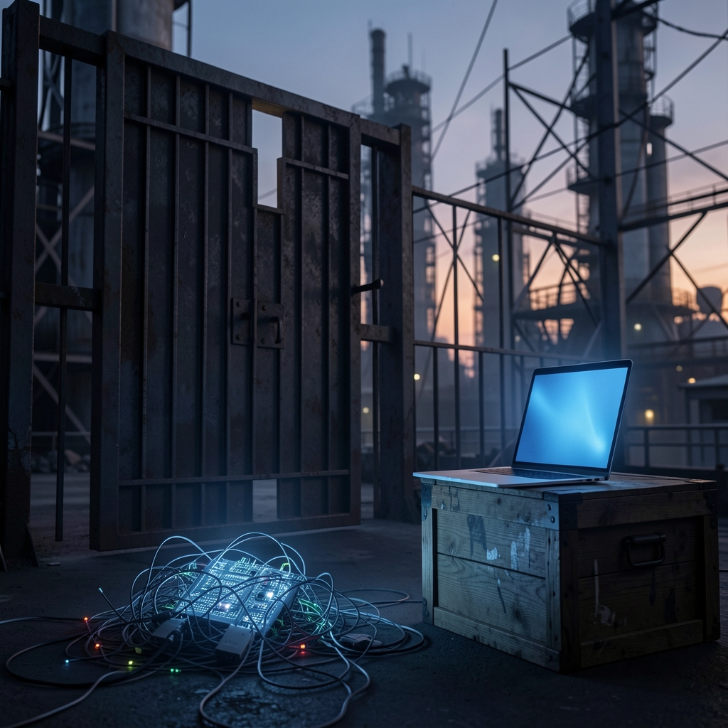 Ominous gate with open section, tangled wires and circuitry in foreground, laptop nearby.