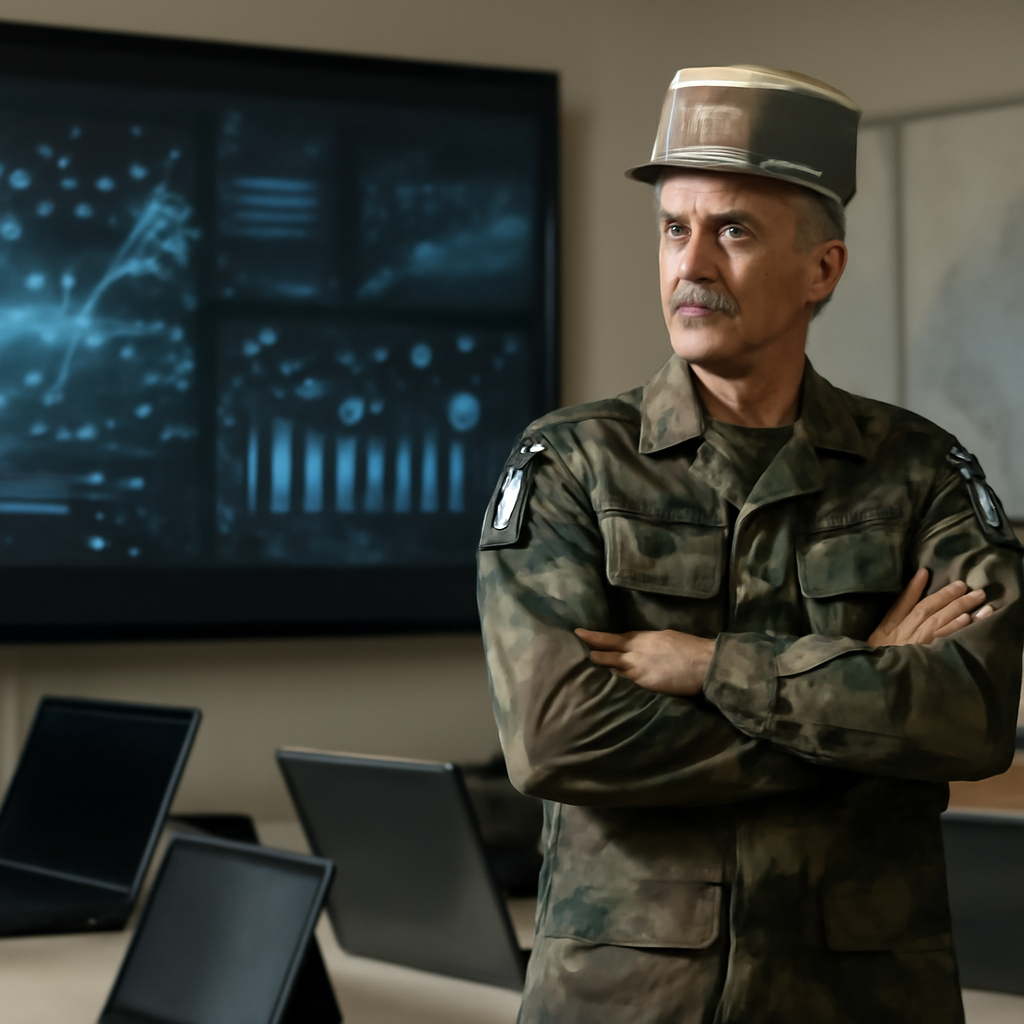 French military officer stands before data display and devices, with map hint in background.