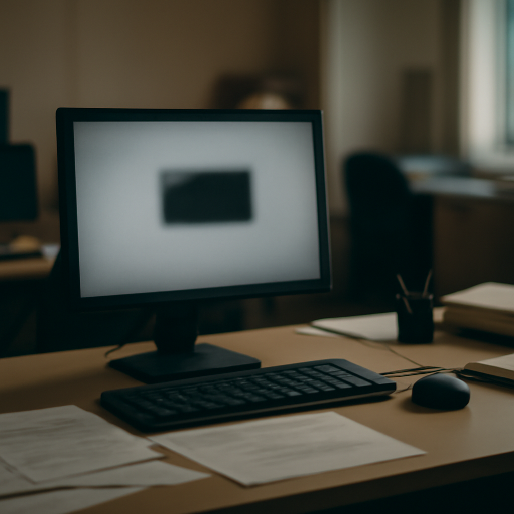 French government office with computers and furniture, focusing on a blurred communication device login screen.