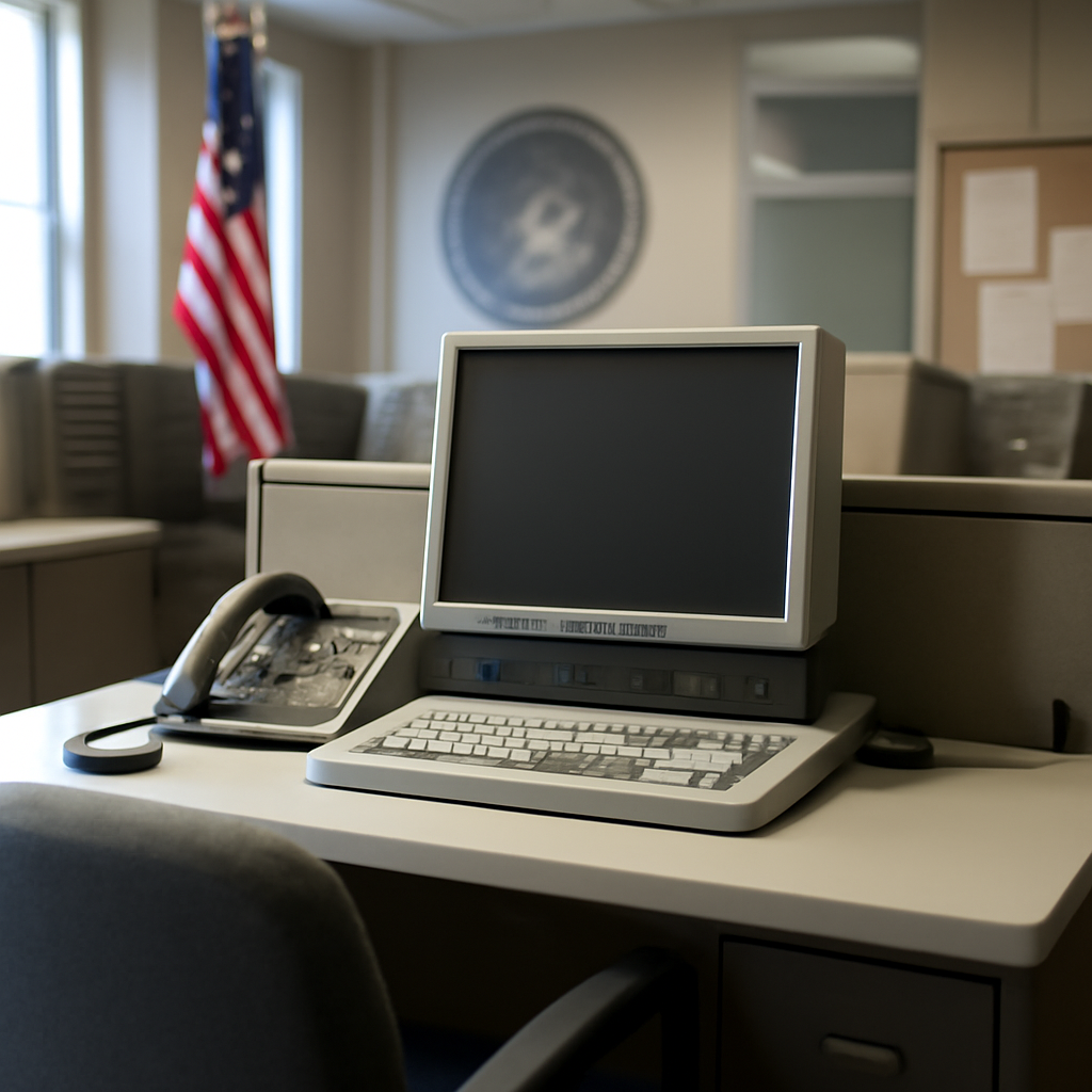 Government office workstation with blurred computer screen and muted decor.