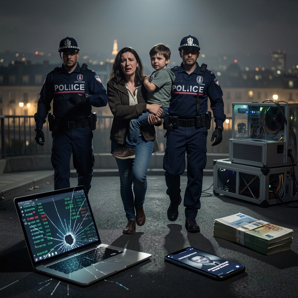 Mother and son escorted to safety by French police, with shattered laptop in foreground.