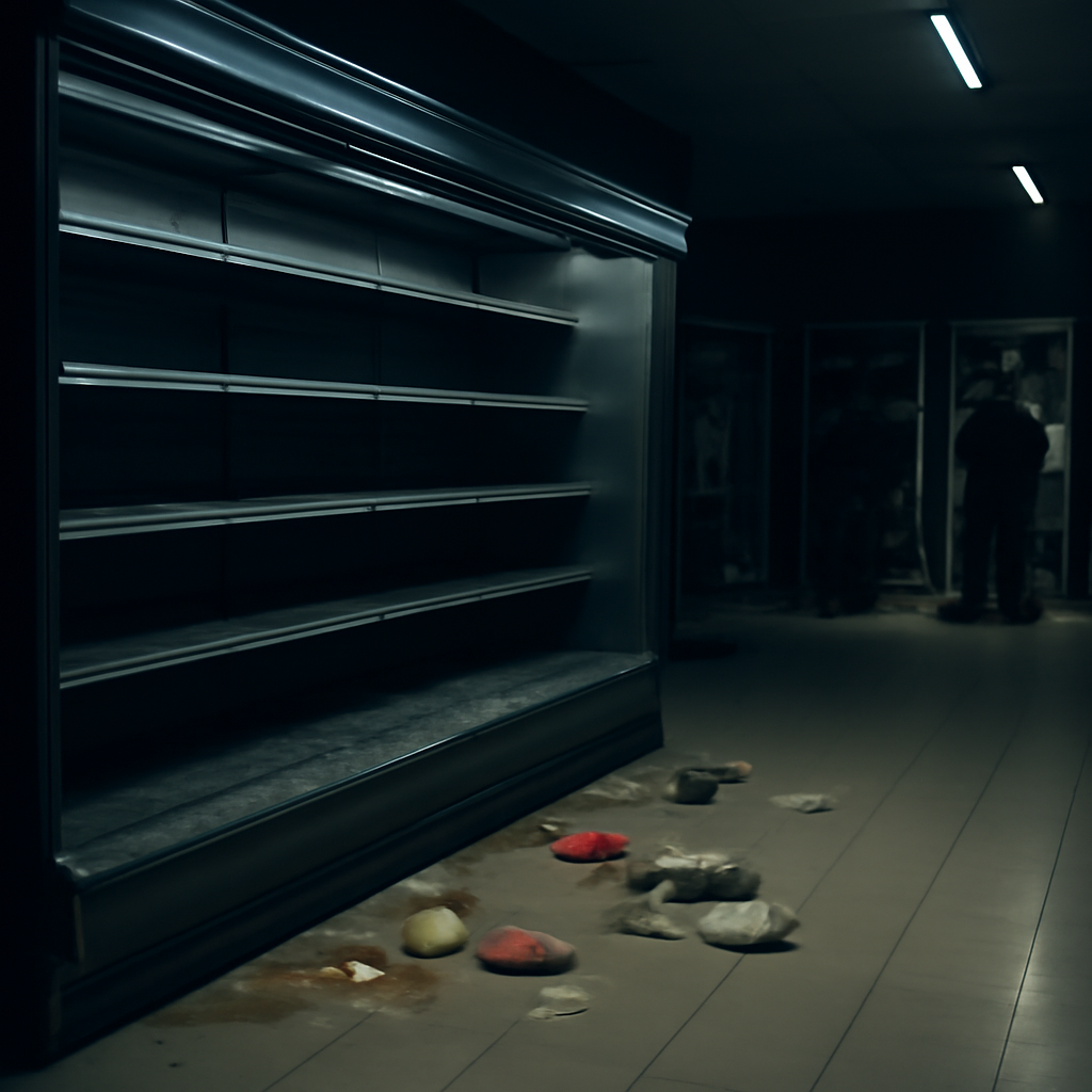 Damaged refrigeration units and spoiled food litter a dimly lit supermarket aisle with empty shelves.