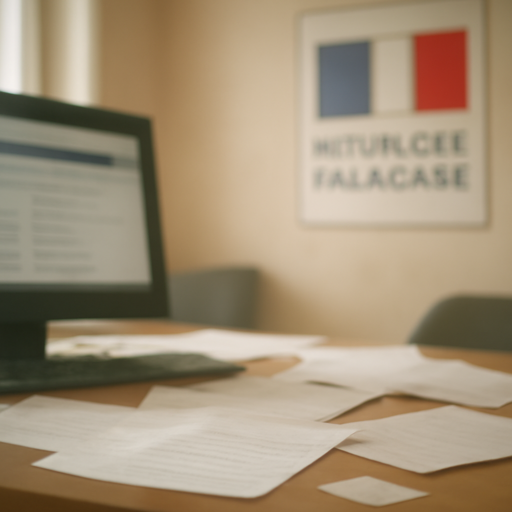 Softly-lit French government office with blurred computer screen and scattered papers.