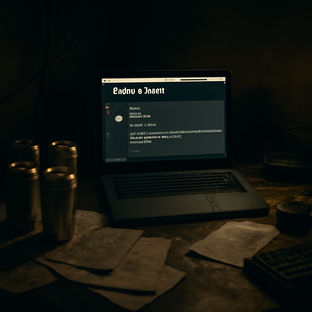 Cluttered hacking workstation with bright laptop screen displaying PwnForums post.