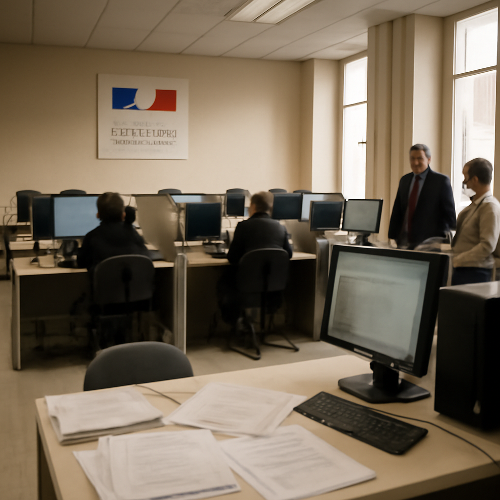 Interior of French government office with computer workstations and employees.