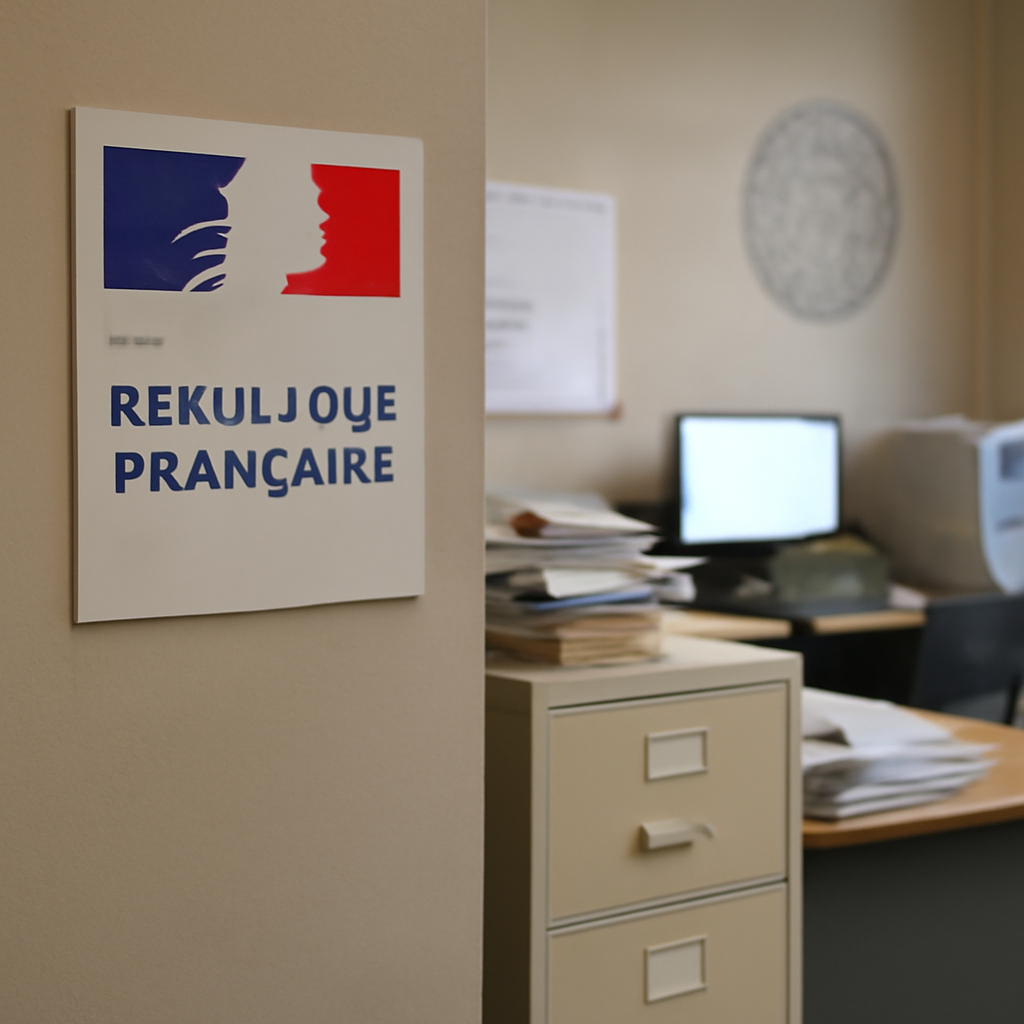 French government office interior with blurred emblem in background.
