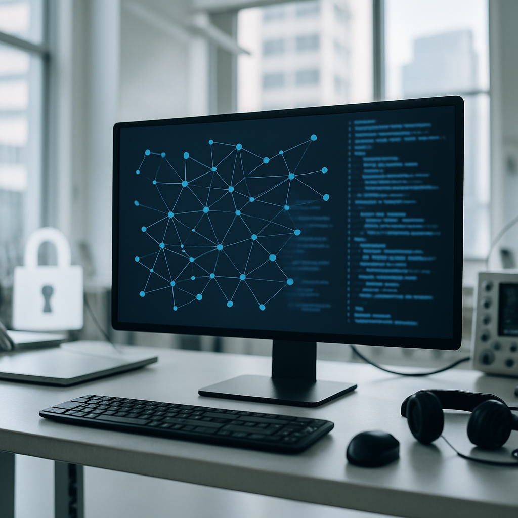 Large computer screen displays complex network diagram in modern lab setting.