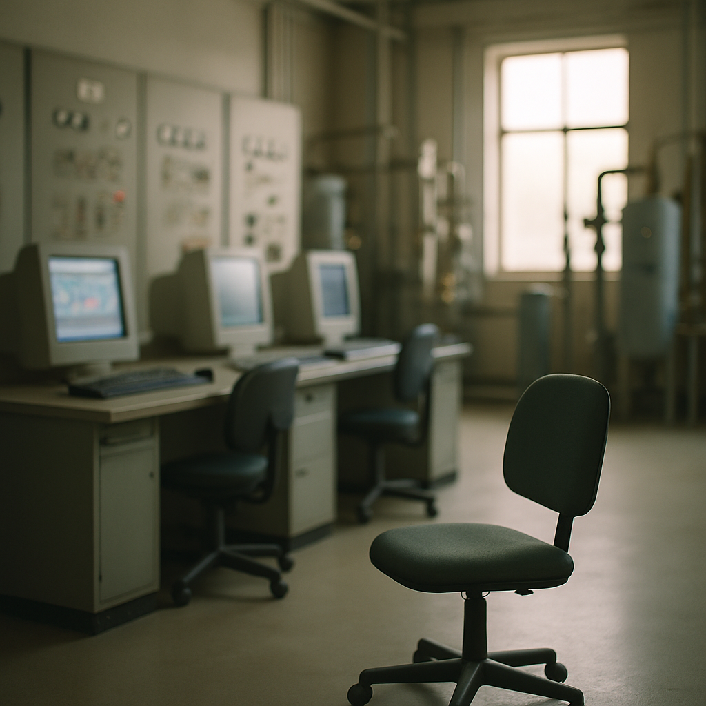 Empty chair in front of computer workstations and industrial equipment in a dimly lit facility.