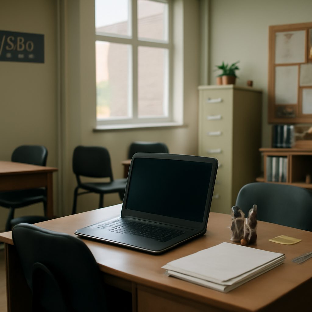 School administrative office with laptop, papers, and supplies on a desk near a window.