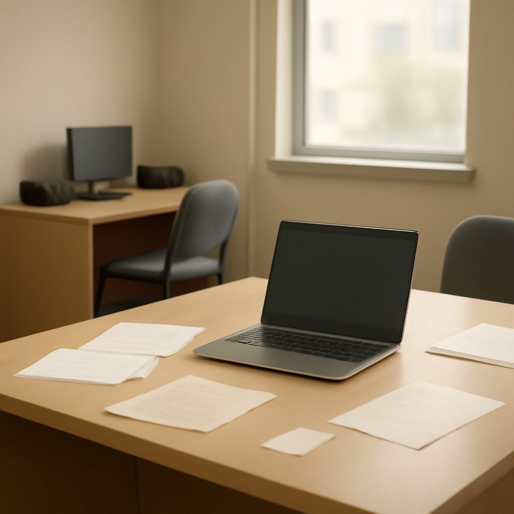 A generic office desk with scattered papers, a computer, and a blank laptop screen.