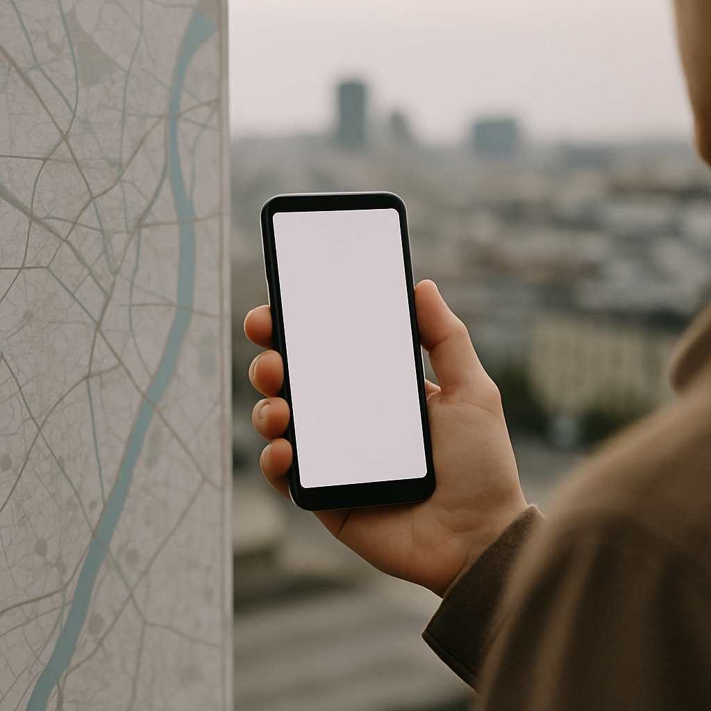 Smartphone in a person's hand with a cityscape background, symbolizing location data and consent.